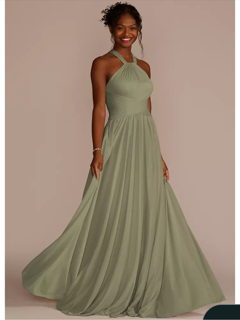 David's Bridal Eucalyptus Green Halter “Mesh Fabric” Style Dress Size 2